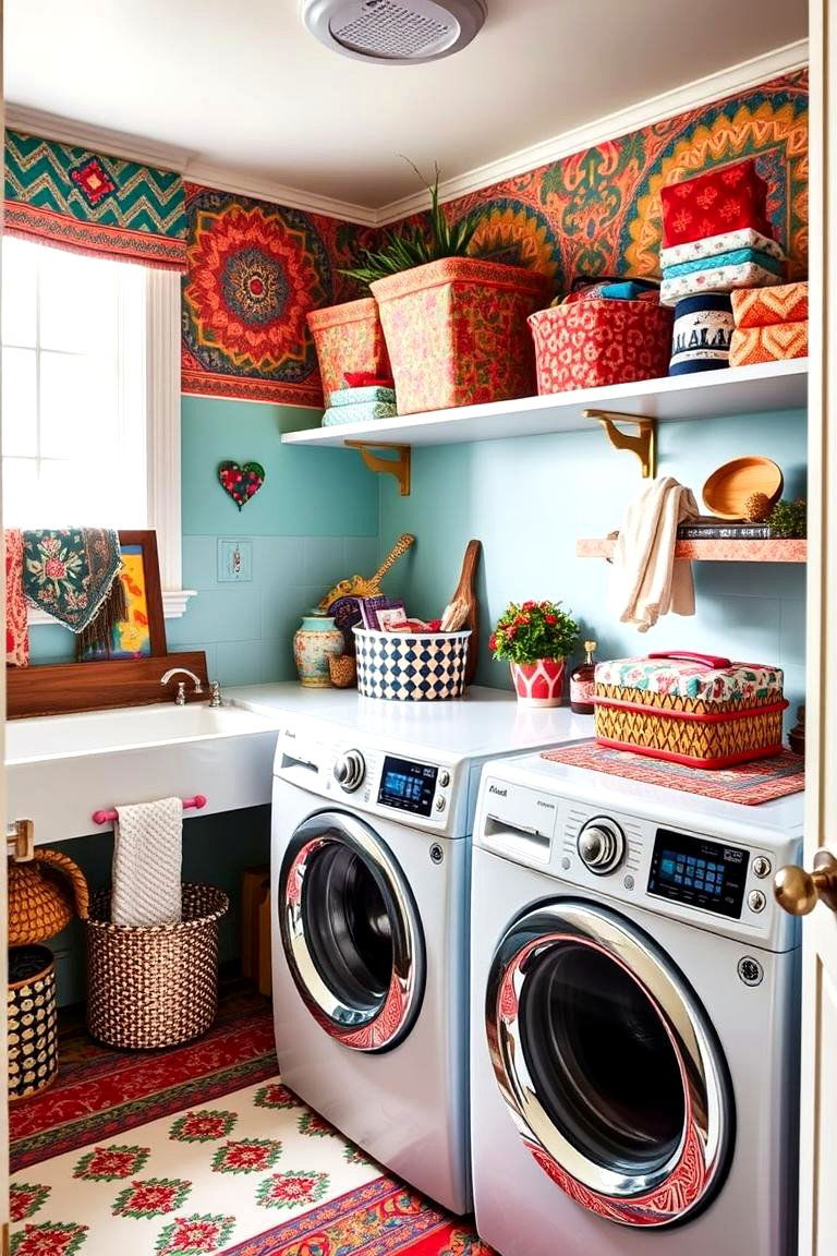 Colorful Patterned Accents - 24 Boho Laundry Room Ideas