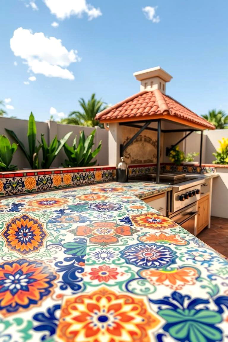 Colorful Talavera Tile Countertops - 24 Mexican Outdoor Kitchen Ideas