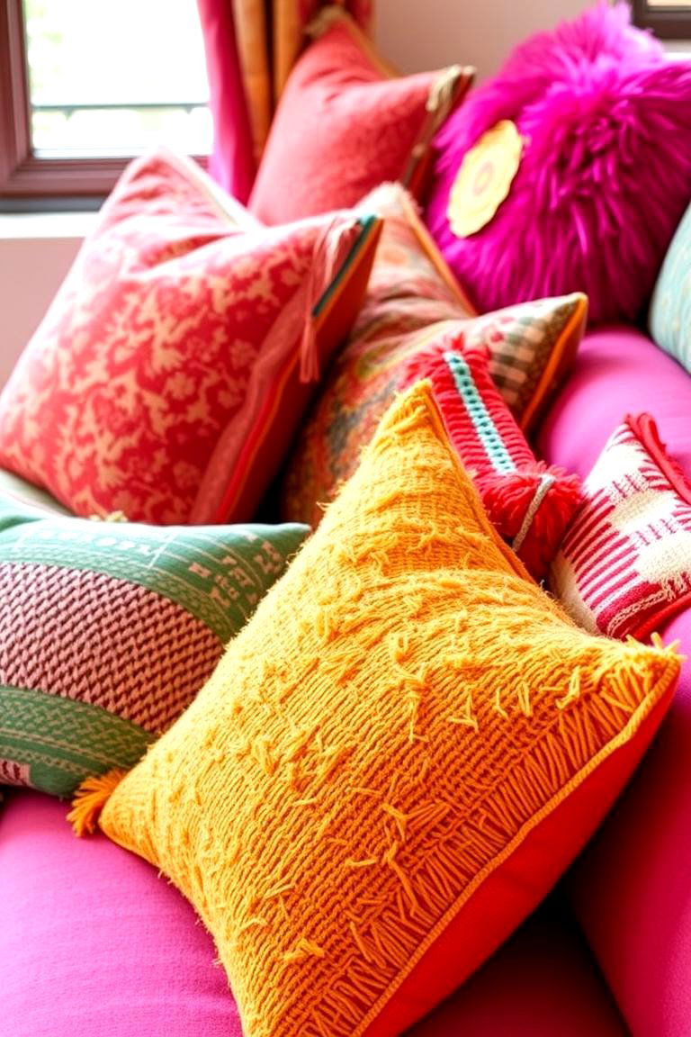 Colorful Throw Pillows Arrangement - 24 Boho Living Room Ideas