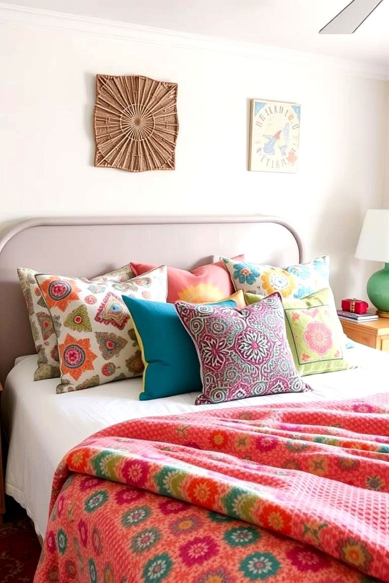 Colorful Throw Pillows - 24 Hippie Bedroom Ideas