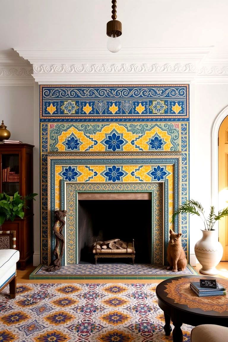 Colorful Tile Fireplace Surround - 24 Living Room Fireplace Ideas