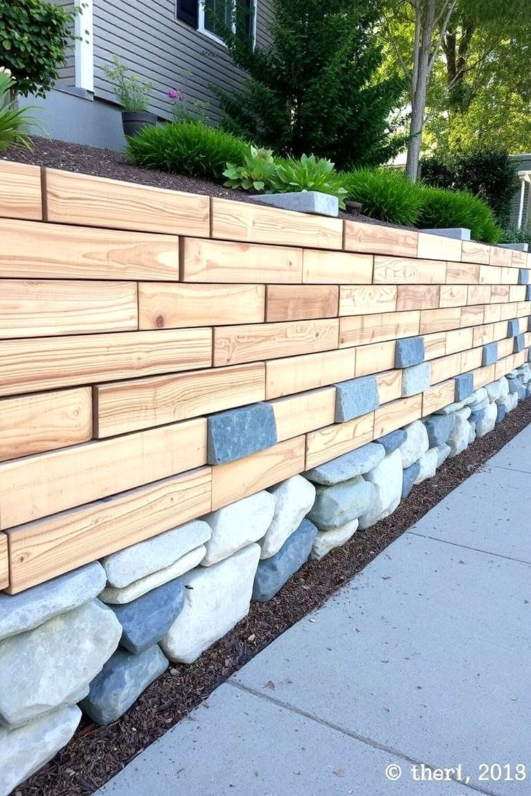 Combination Wood and Stone Retaining Wall - 24 Wood Retaining Wall Ideas