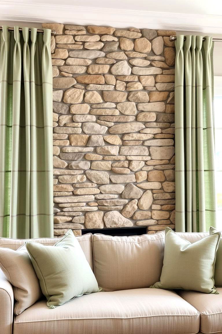 Combine Natural Stone Walls with Sage Green Soft Furnishings - 24 Rustic Sage Green Living Room Ideas