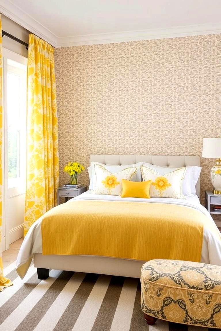 Combining Different Patterns in Yellow and Grey - 24 Yellow and Grey Bedroom Ideas