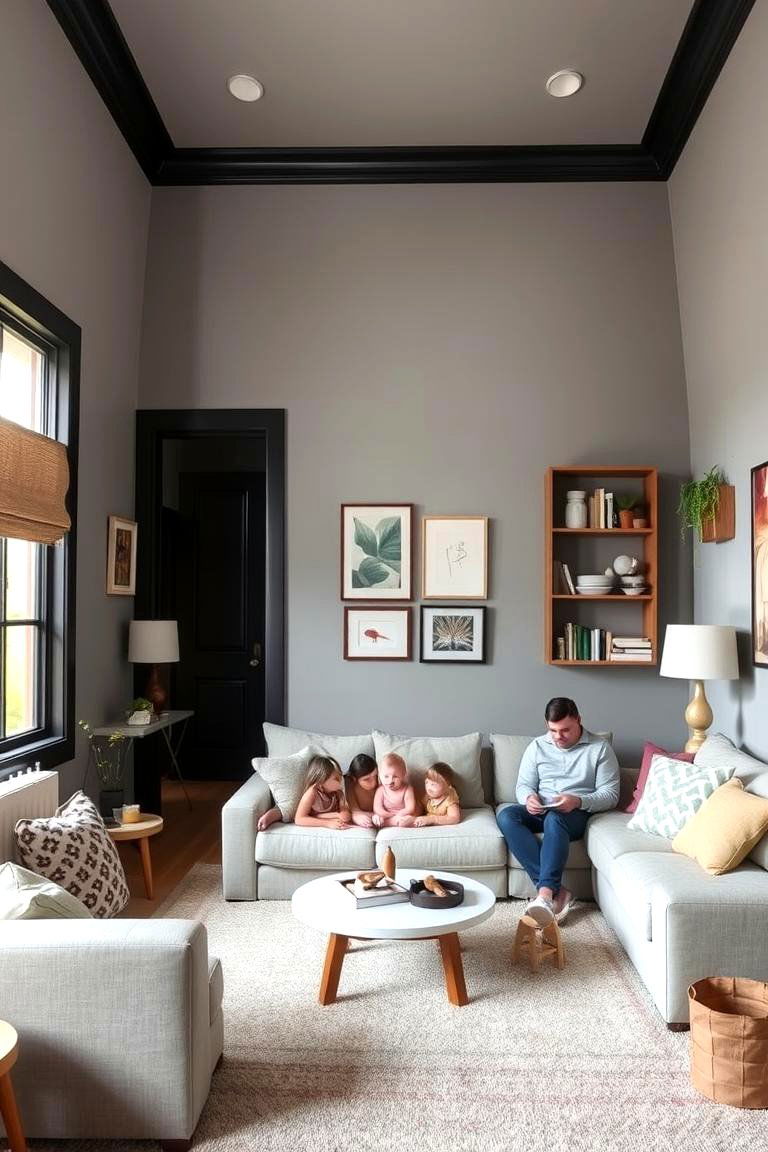 Comfortable Family Oasis - 24 living room grey walls black trim