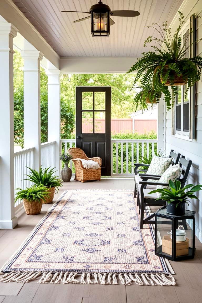 Comfortable Outdoor Rug Accent - 24 Small Cape Cod Front Porch Ideas