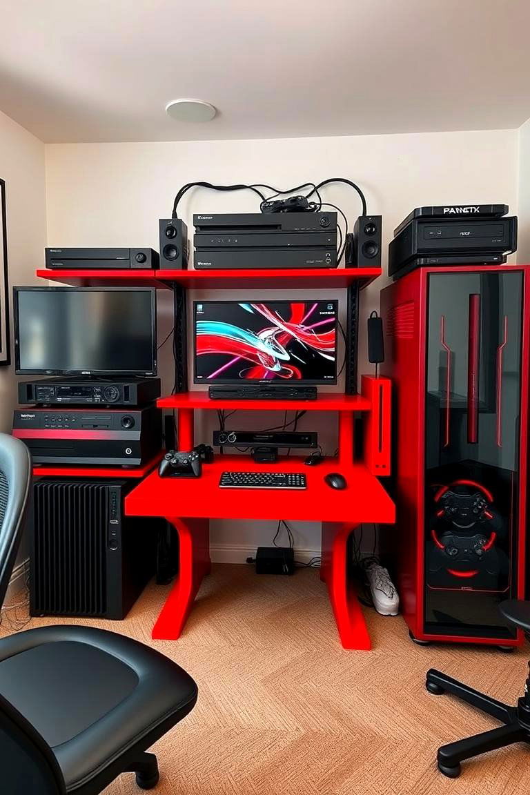 Commanding Console and PC Combo - 24 Red and Black Gaming Setup Ideas