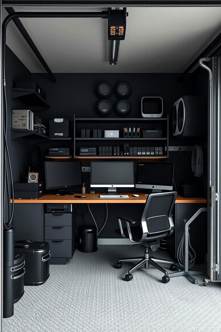 Compact Black Garage Office Setup - 24 Black Garage Ideas