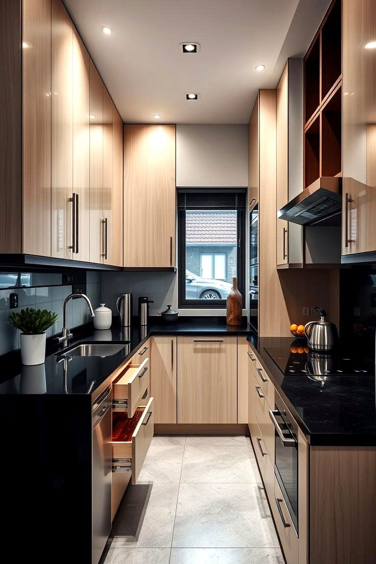 Compact Urban Kitchen Innovation - 24 kitchen with dark countertops and light cabinets