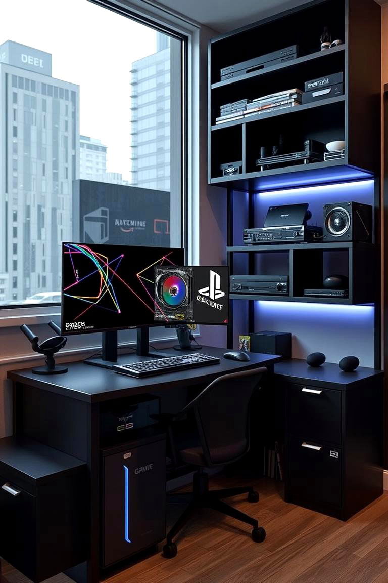 Compact Urban Setup - 24 Black Gaming Room Ideas