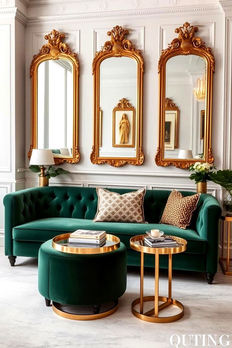 Complement with Gold and Brass Elements - 24 Emerald Green Sofa Living Room Ideas