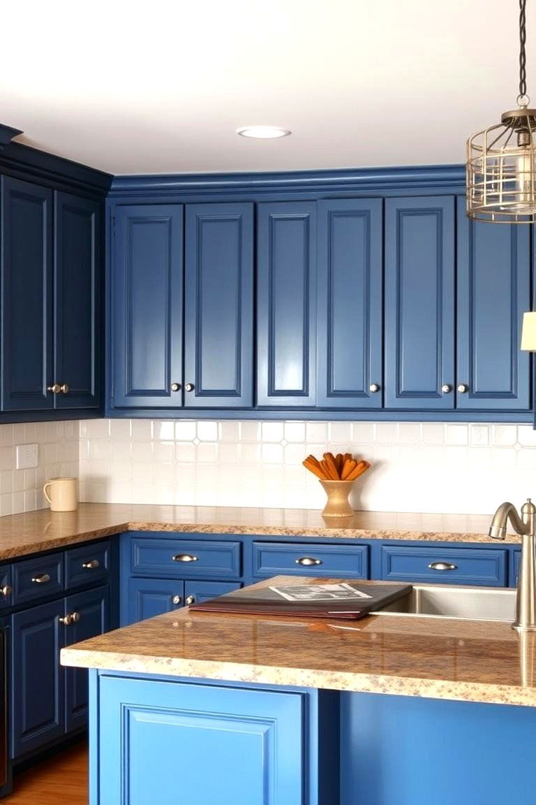 Complementary Color Palette Harmony - 24 blue kitchen cabinets with brown granite countertops