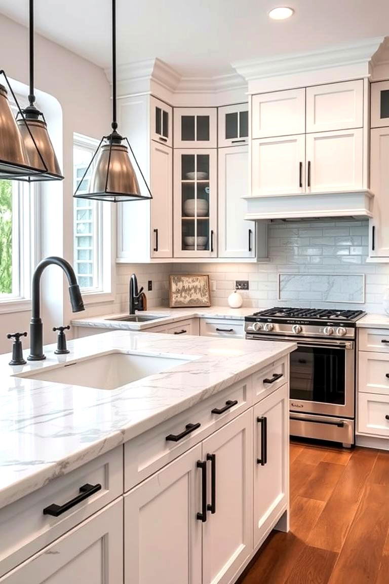Complementary Countertops - 24 White Kitchen Cabinets With Black Hardware