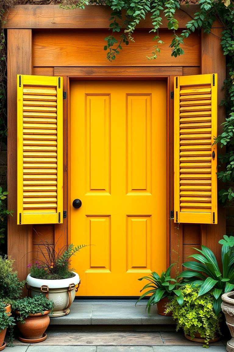 Complementary Warm Tones with Wooden Accents - 24 Mustard Yellow Front Door Ideas