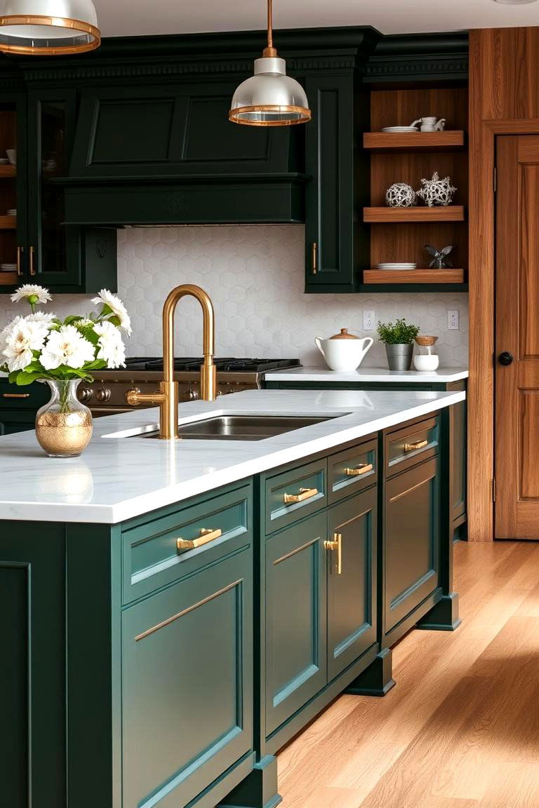 Complementing Dark Green with Brass Accents - 24 Dark Green Kitchen Ideas