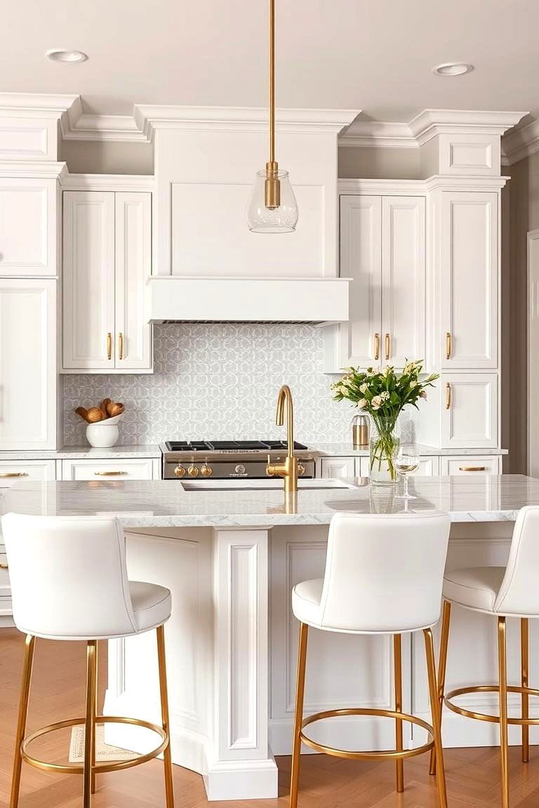 Complementing Various Countertop Materials - 24 White Kitchen Cabinets With Gold Hardwar
