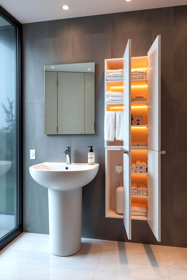 Concealed Towel Warmer Cabinet - 24 Pedestal Sink Storage Ideas