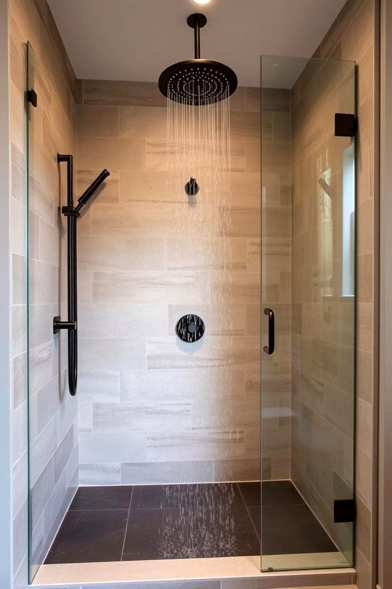Concrete Bench with Wood Detailing - 24 Rustic Walk-in Shower Ideas