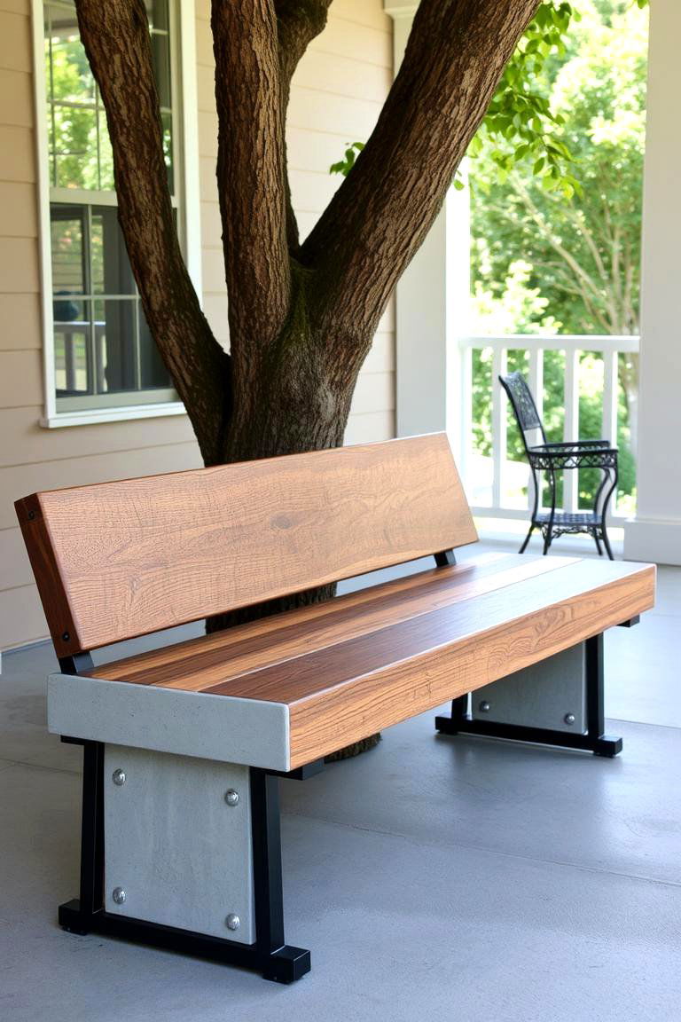 Concrete Bench with Wooden Accents for a Blend of Materials - 24 Front Porch Bench Ideas