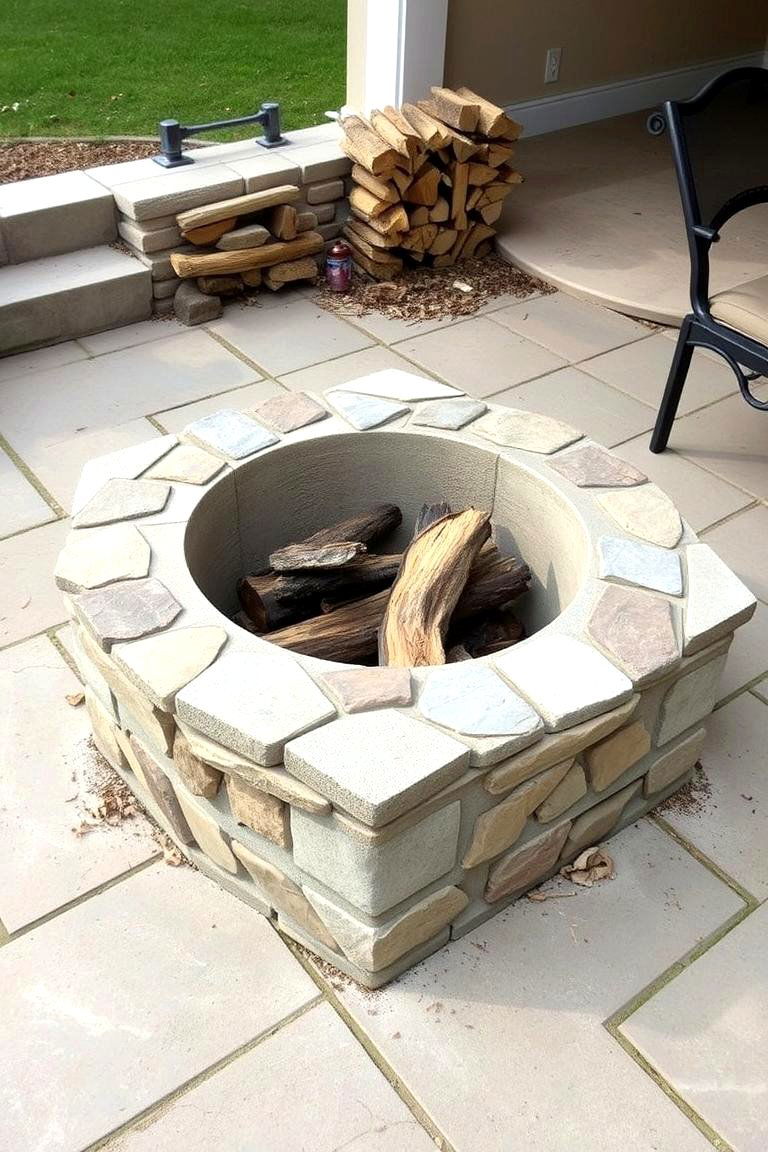 Concrete Block Fire Pit with Stone Veneer - 24 Rustic Fire Pit Ideas