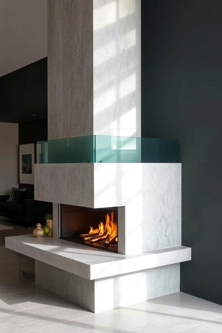 Concrete Fireplace with Glass Accents - 24 Concrete Fireplace Ideas