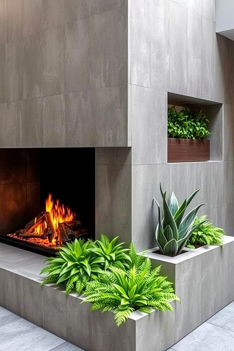 Concrete Fireplace with Integrated Planters - 24 Concrete Fireplace Ideas