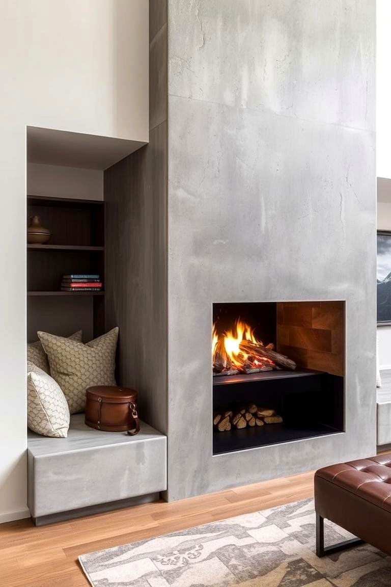 Concrete Fireplace with Integrated Seating - 24 Concrete Fireplace Ideas