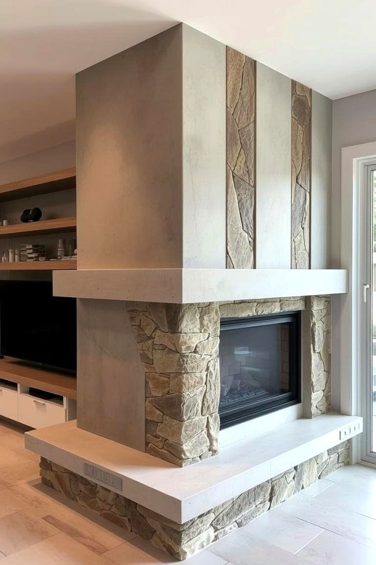 Concrete Fireplace with Natural Stone Inlays - 24 Concrete Fireplace Ideas