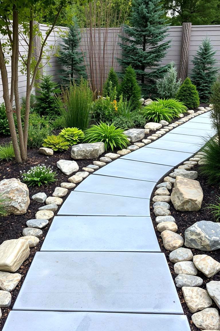 Concrete Garden Path Bordering with Natural Stone - 24 Concrete Garden Ideas