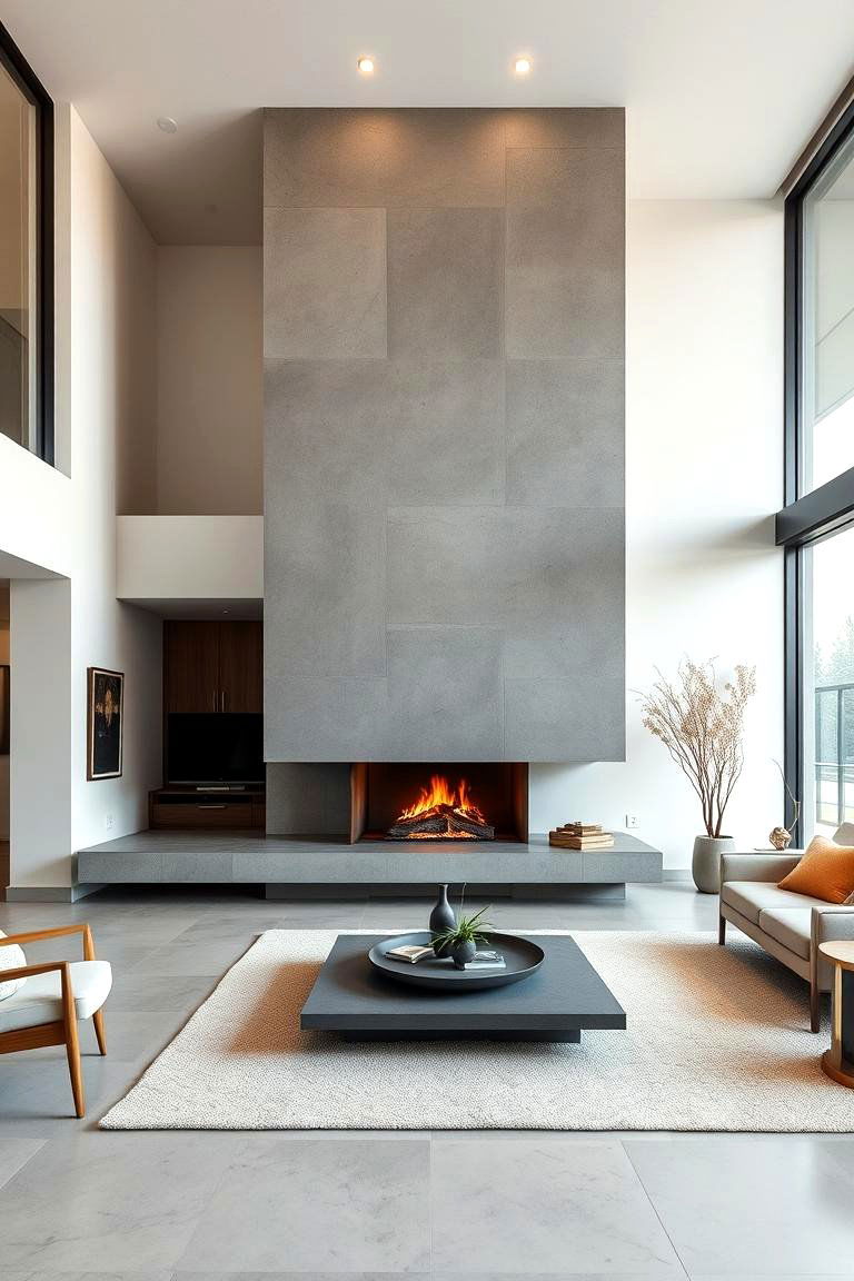 Concrete Modernism - 24 Floor to Ceiling Fireplace Ideas