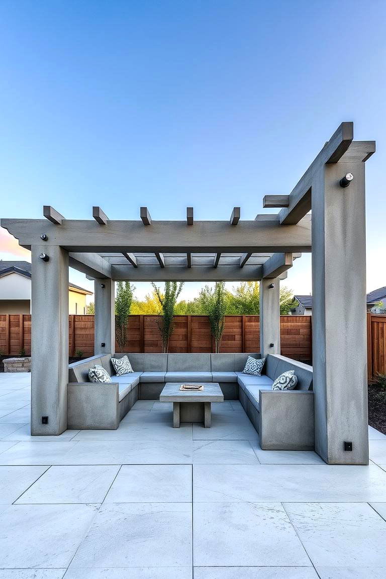 Concrete Pergolas with Integrated Seating - 24 Concrete Garden Ideas