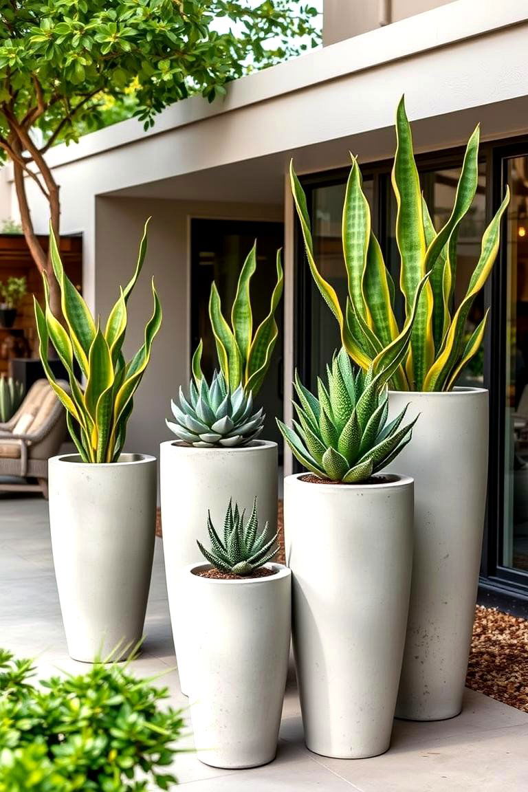 Concrete Planters with Sculptural Plants - 24 Mid-century Modern Patio Ideas
