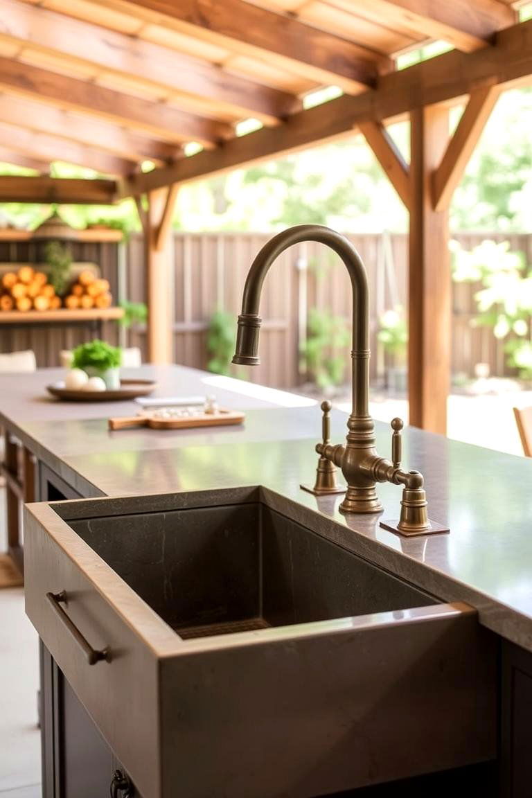 Concrete Sink with Farmhouse Faucet - 24 Rustic Outdoor Kitchen Ideas