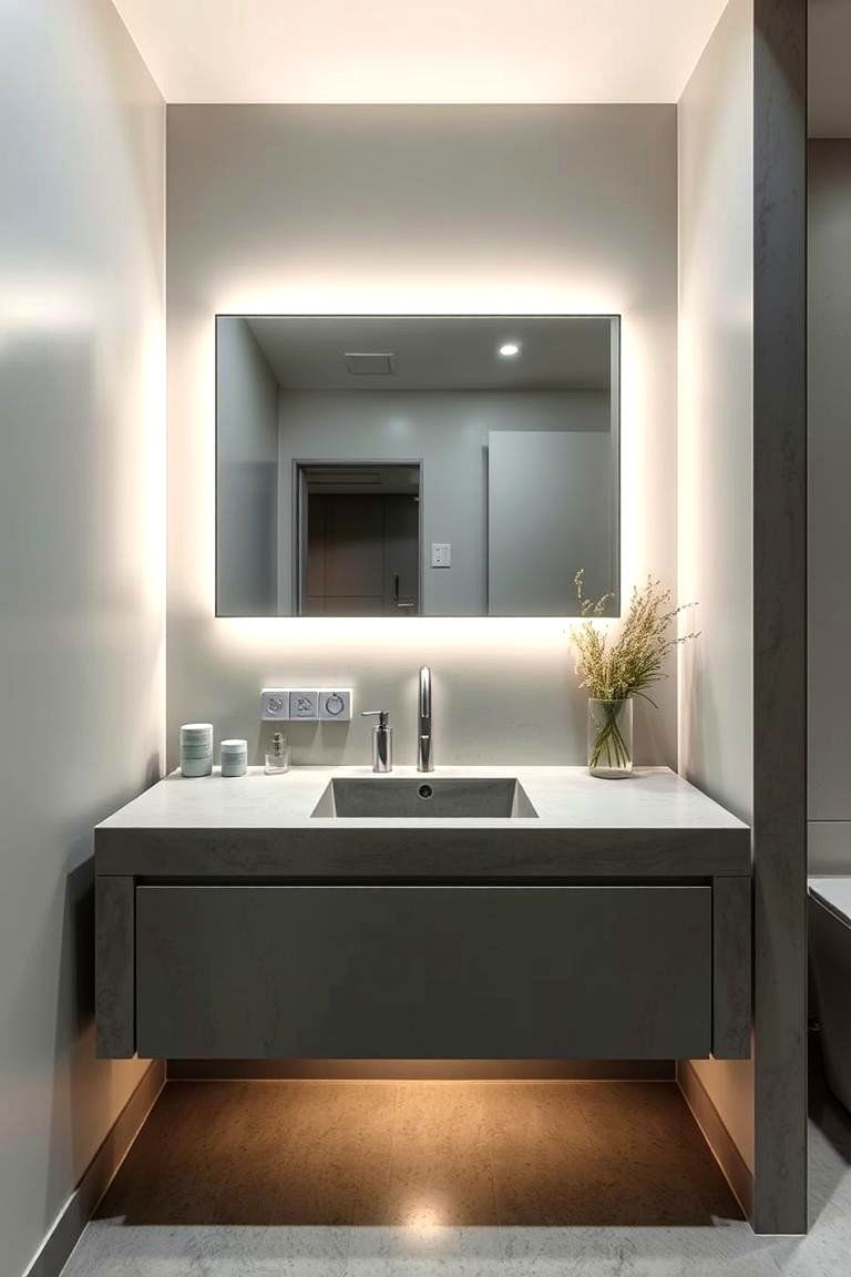 Concrete Vanity with Under cabinet Lighting - 24 Concrete Bathroom Ideas