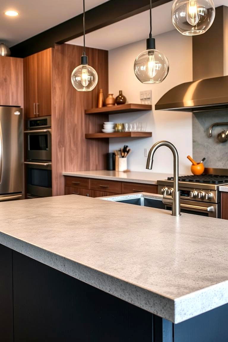 Concrete or Stone Countertops for Durability - 24 Kitchens Without Upper Cabinets