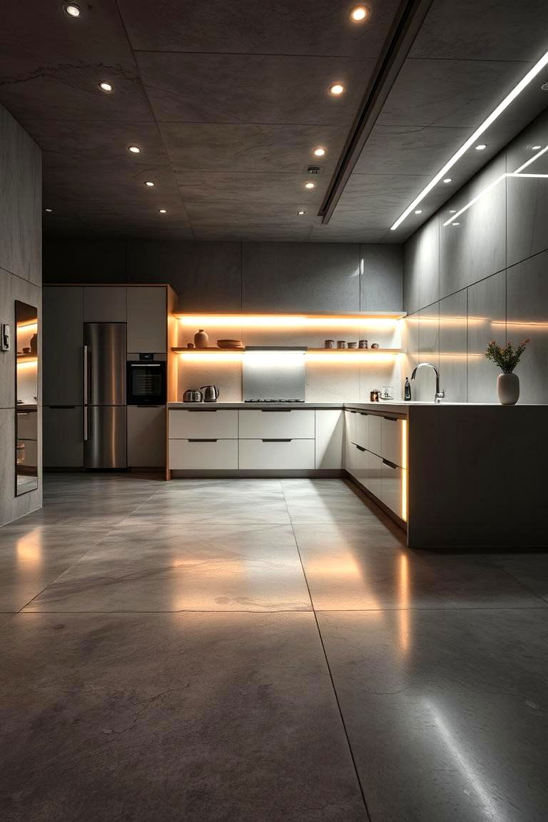 Concrete with Integrated Lighting - 24 Concrete Floor Kitchen Ideas