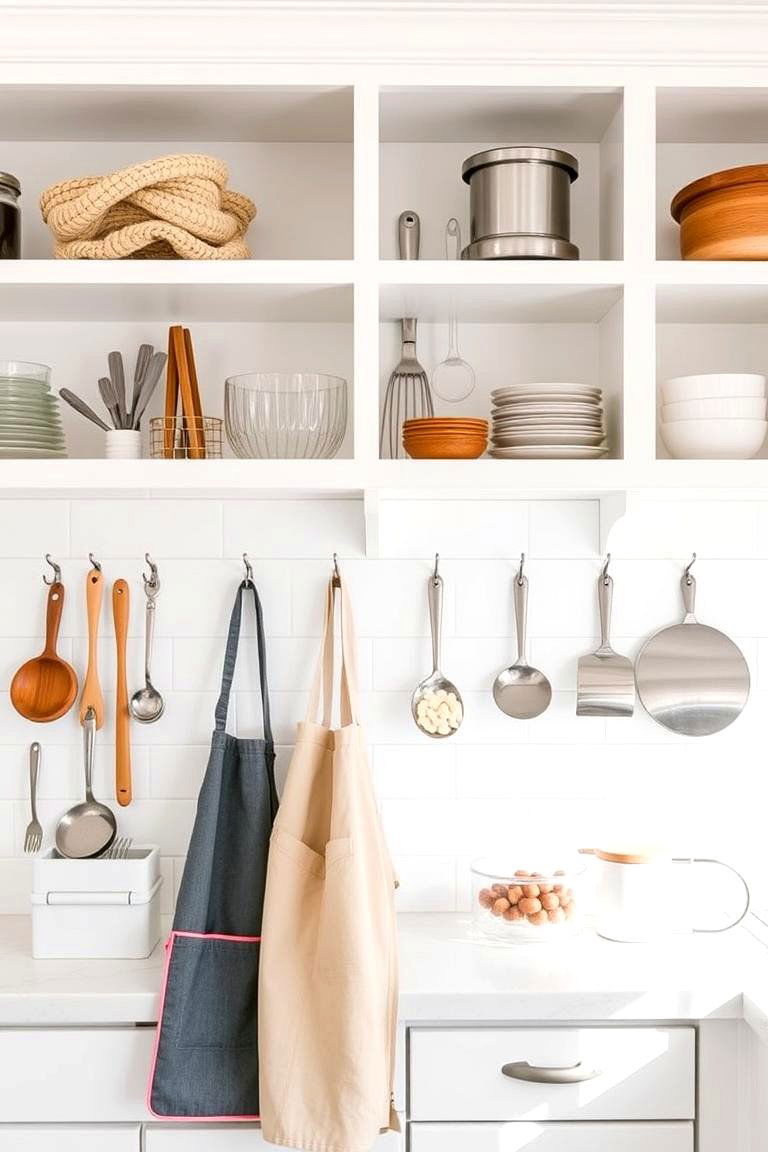 Consider Open Shelving with Hooks - 24 Small White Kitchen Ideas