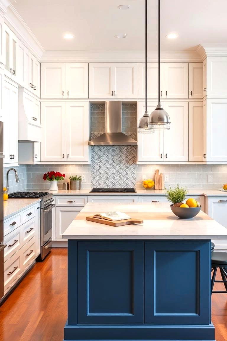 Considering the Overall Flow of the Kitchen - 24 White Kitchen Cabinets With Blue Island
