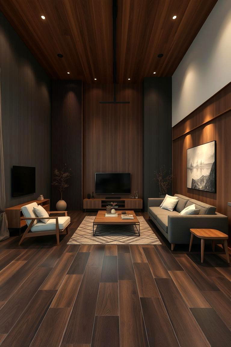 Contemporary Balance with Wooden Warmth - 24 Dark Brown Floor Living Room Ideas