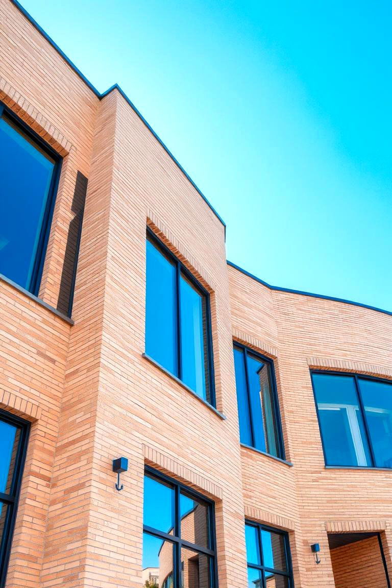 Contemporary Beige Brick with Large Windows - 24 Beige Brick Exterior Home Ideas