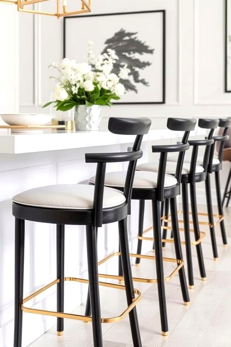 Contemporary Black Bar Stools with White Cushions and Gold Finishes - 24 black white and gold kitchen ideas