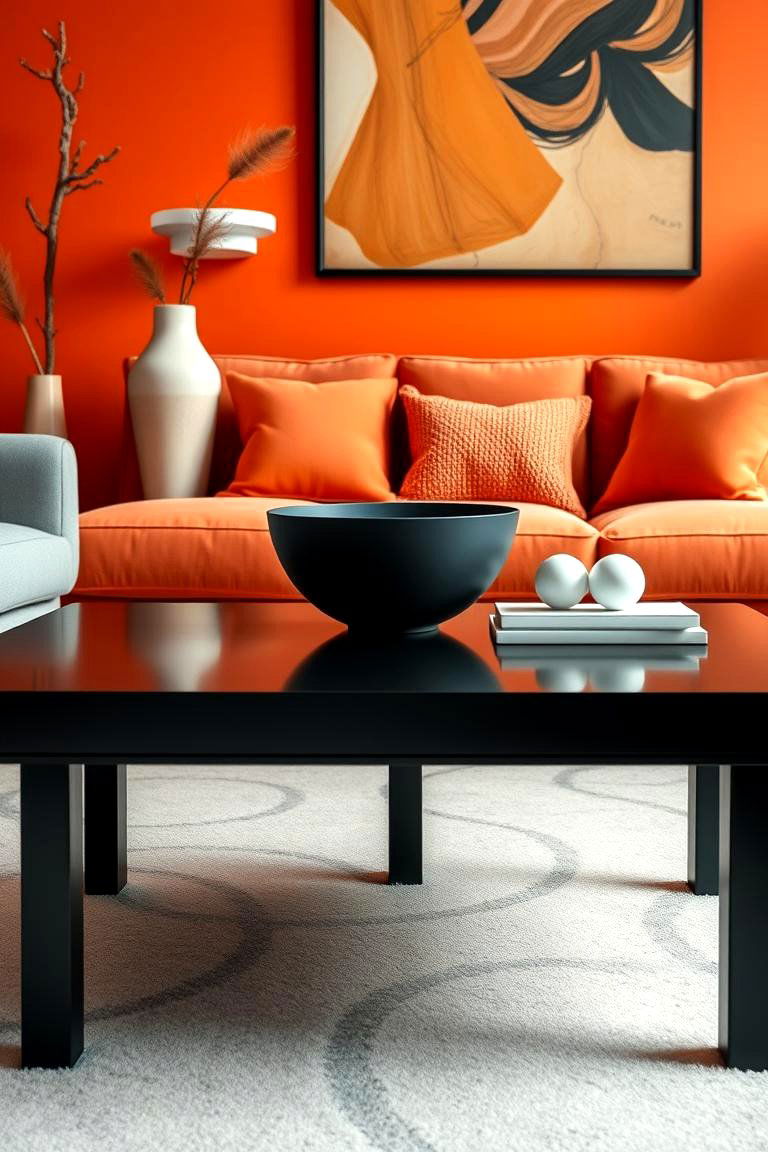 Contemporary Black Coffee Table with Orange Decor - 24 Black and Orange Living Room Ideas