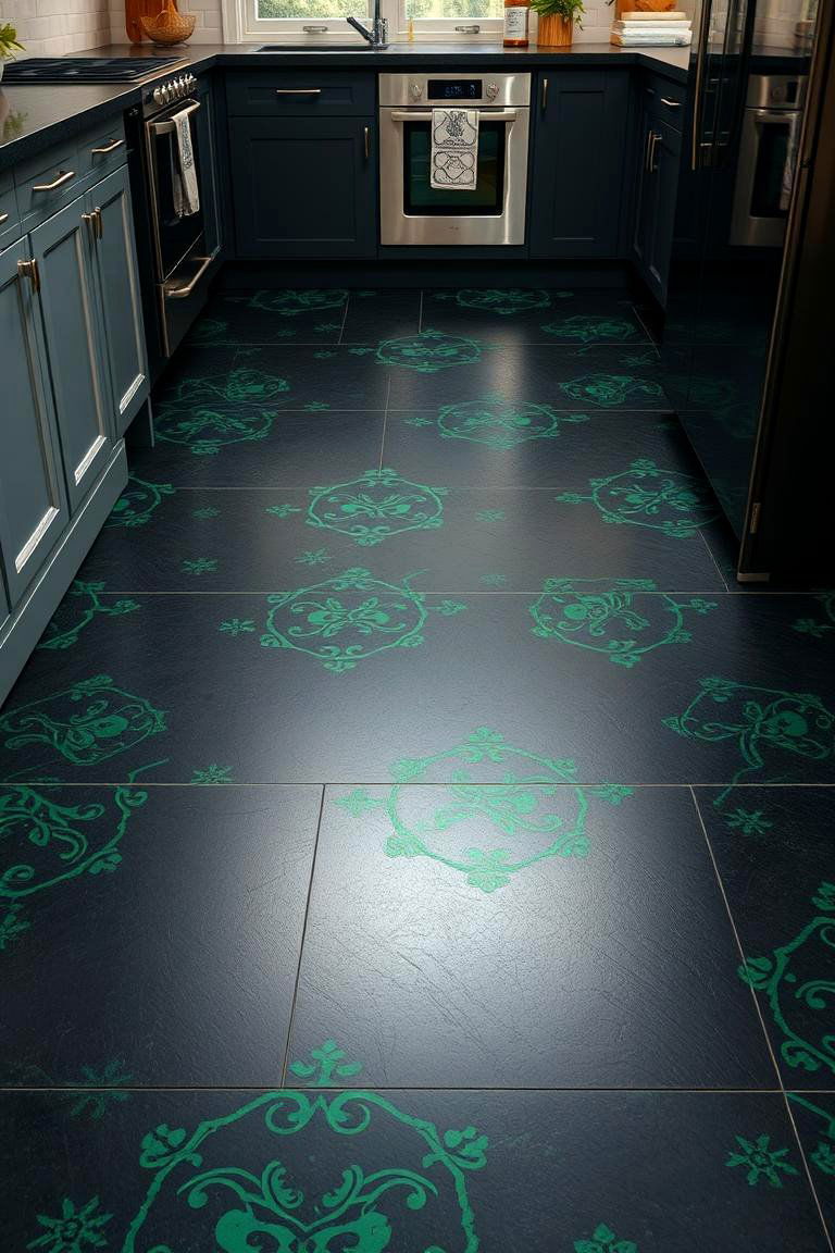 Contemporary Black Flooring with Green Patterns - 24 Black and Green Kitchen Ideas