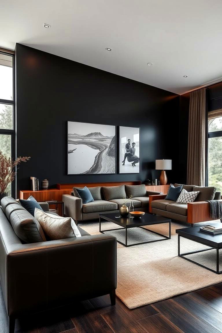 Contemporary Black with Warm Wood - 24 Black Living Room Ideas