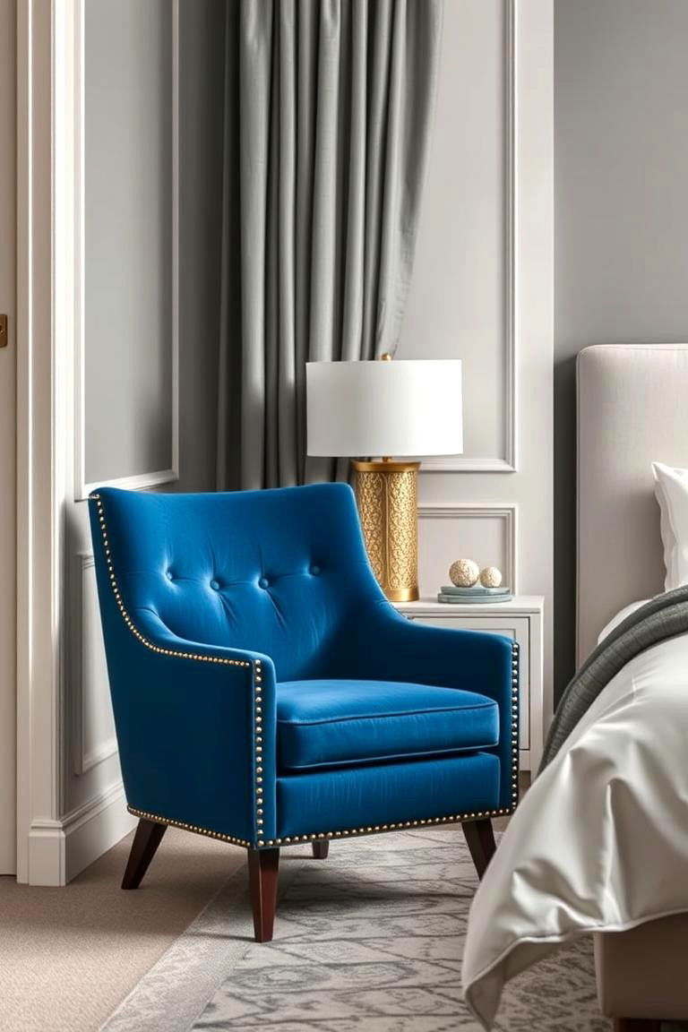 Contemporary Blue Accent Chairs with Gold Trim - 24 Blue and Gold Bedroom Ideas