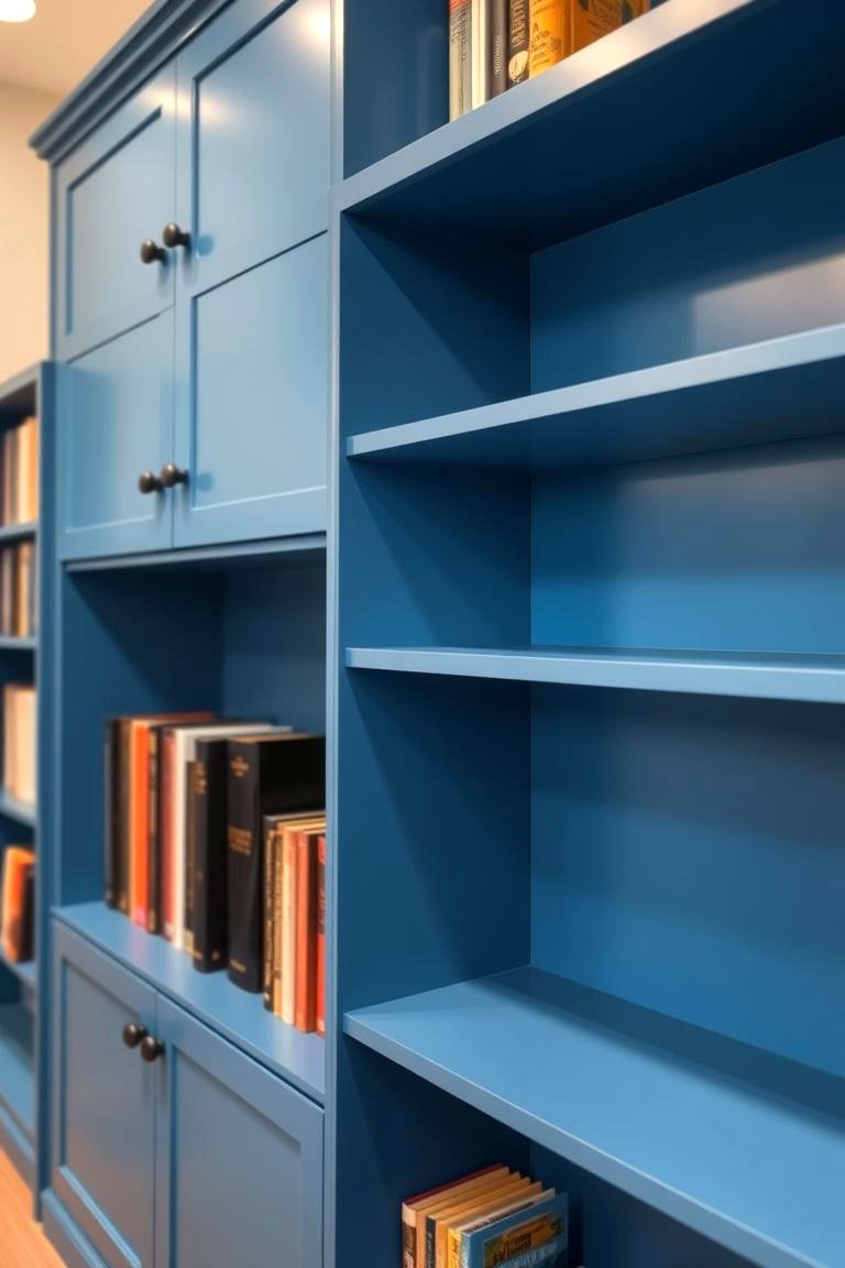 Contemporary Blue Bookshelves with Black Accents - 24 Black and Blue Living Room Ideas