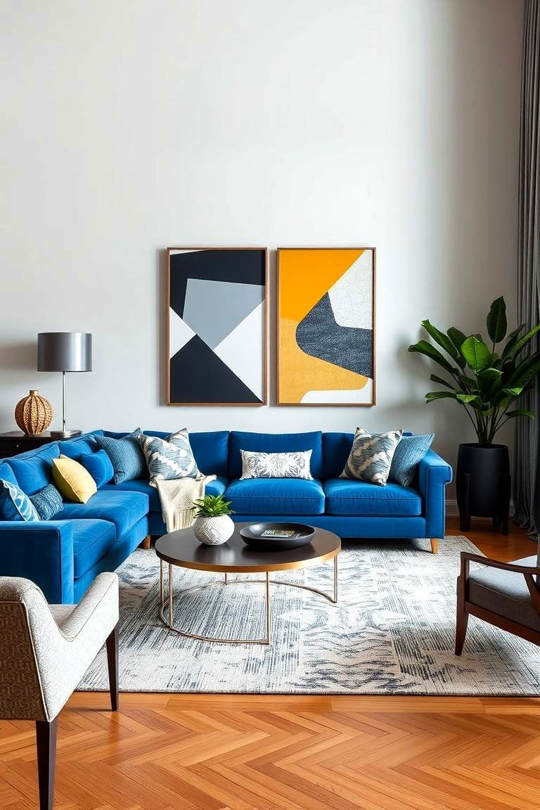 Contemporary Blue Couch with Geometric Decor - 24 Blue Couch Living Room Ideas