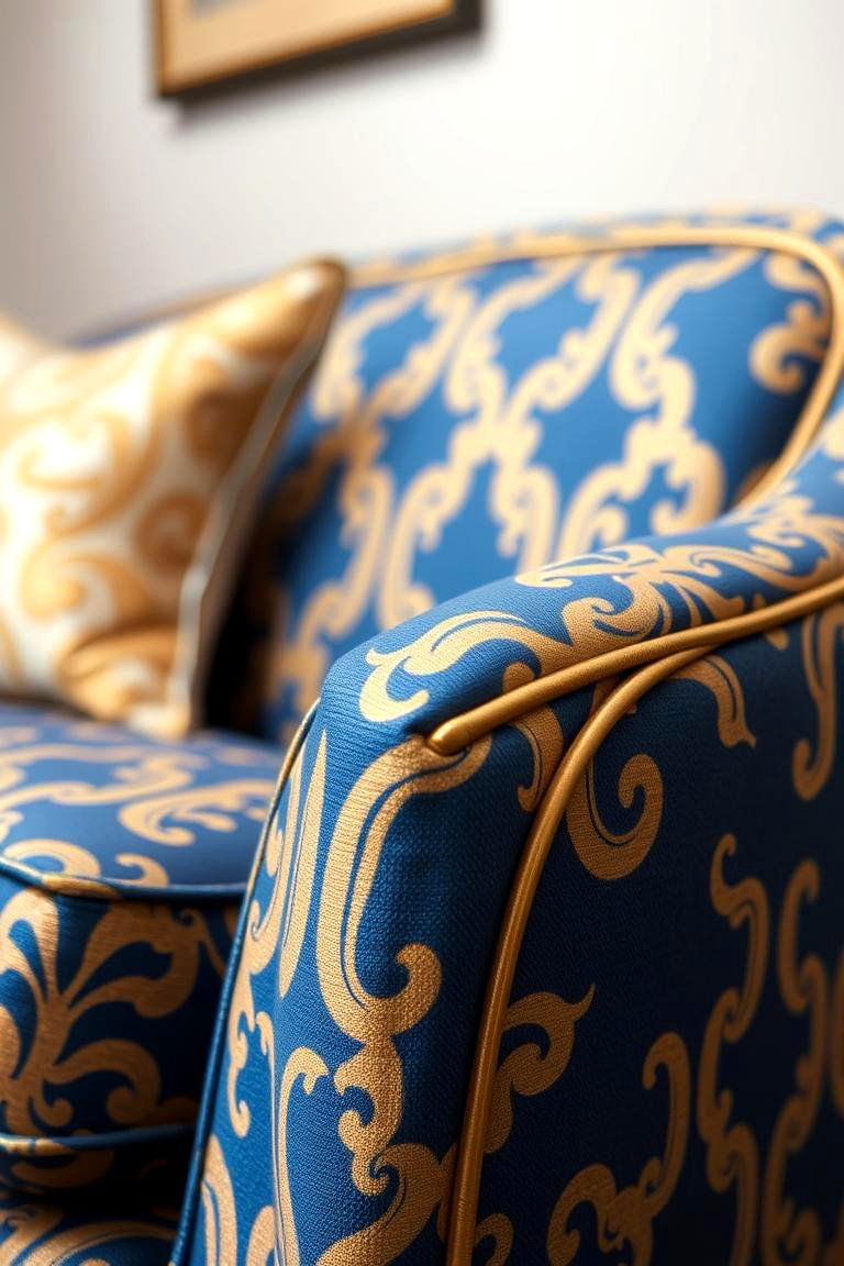 Contemporary Blue and Gold Patterned Upholstery - 24 Blue and Gold Bedroom Ideas