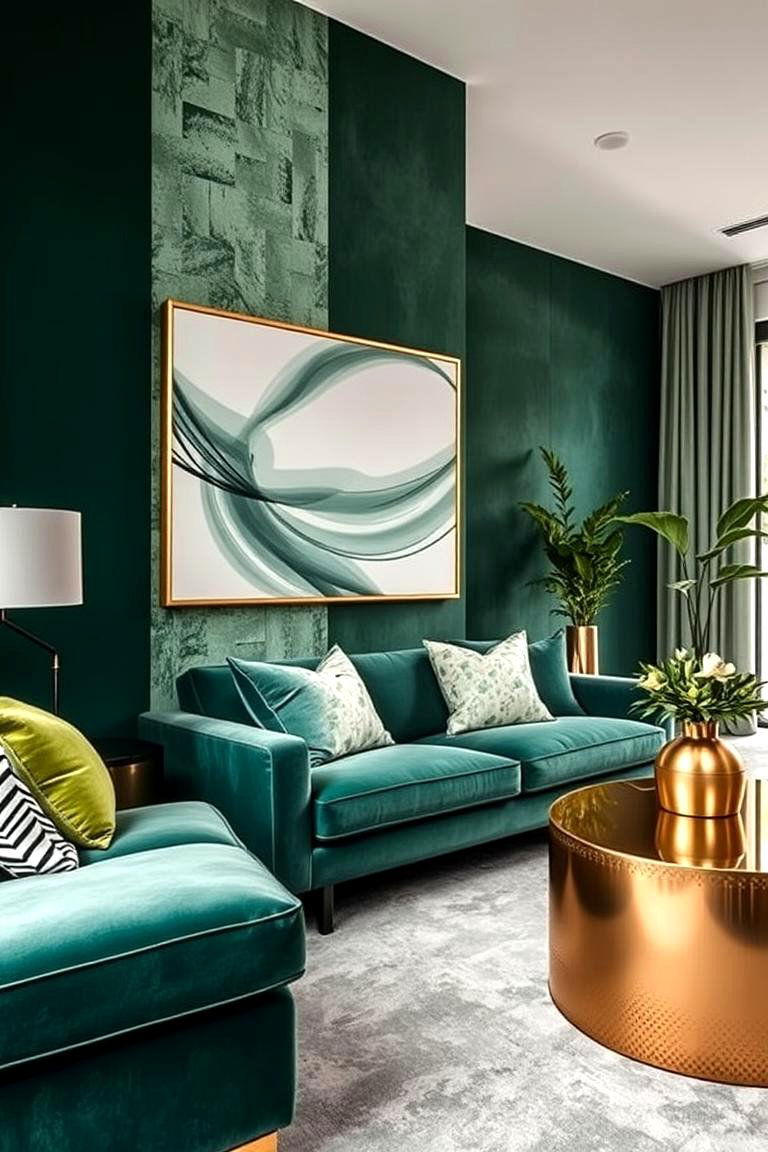 Contemporary Charm with Green Textures and Gold Metallics - 24 Green and Gold Living Room Ideas