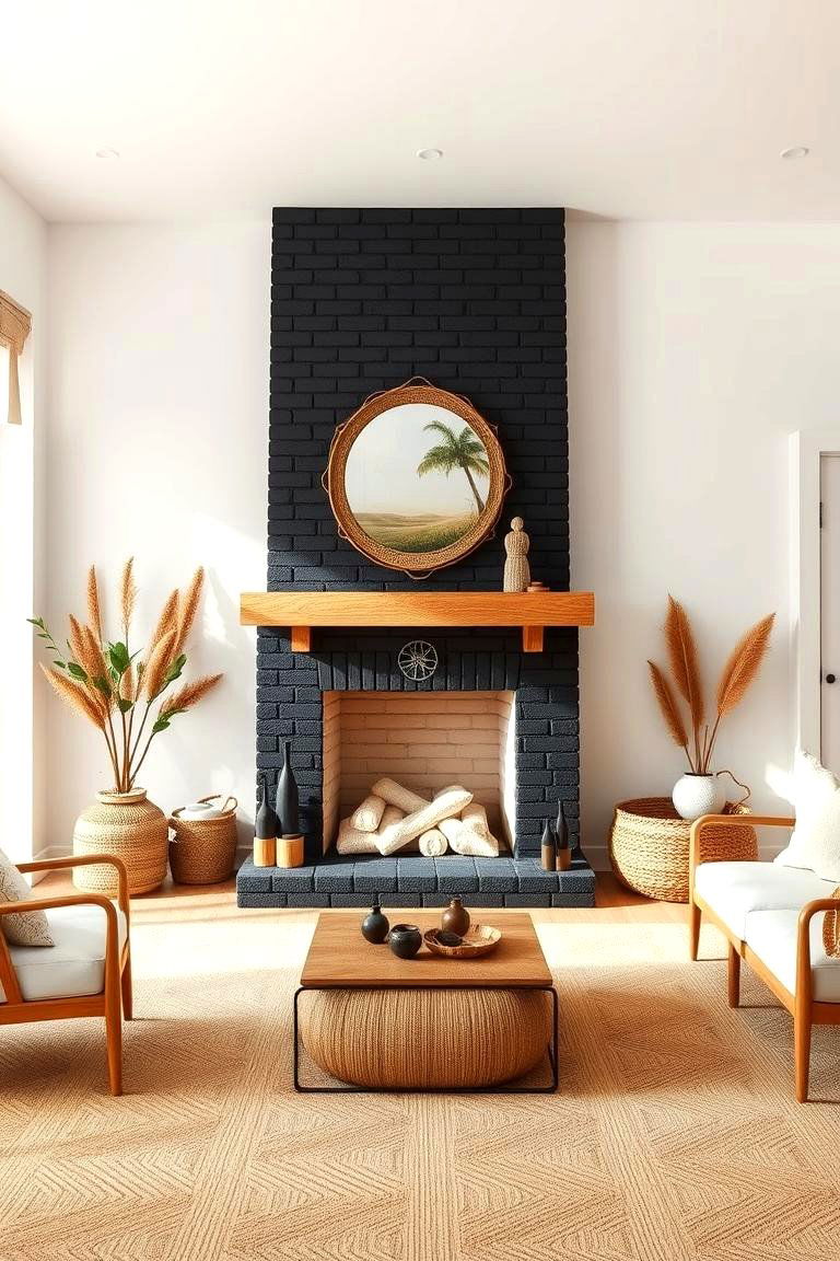 Contemporary Coastal Contrast - 24 Black Brick Fireplace Ideas